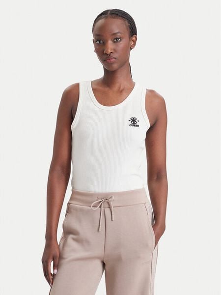 Guess Top V6BP10 K6791 Kremowy Slim Fit. Białe topy Guess, xs, z aplikacjami, z syntetyku, bez kołnierzyka, bez ramiączek. Za 154.99 zł.