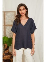 Lin Passion Lniana bluzka w kolorze granatowym rozmiar: 38/40. Niebieskie bluzki Lin Passion, bez wzorów, ze lnu, klasyczne, bez kołnierzyka, bez ramiączek. Za 113.99 zł.