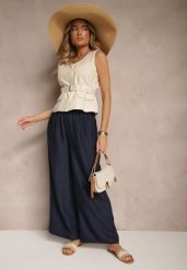 Granatowe Spodnie Typu Palazzo High Waist o Szerokim Kroju Arathira. Niebieskie jeansy Renee, bez wzorów, z jeansu, eleganckie, z podwyższonym stanem. W wyprzedaży za 29.99 zł.