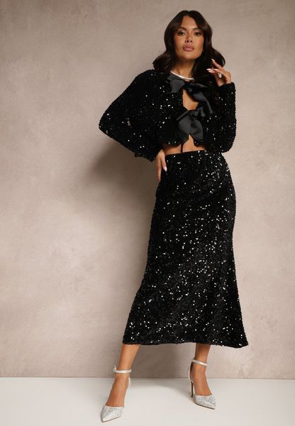 Czarna Cekinowa Spódnica w Koktajlowym Stylu Gumką w Pasie Berizola. Czarne spódnice Renee, s, bez wzorów, wizytowe, midi, dopasowane. Za 134.99 zł.