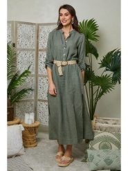 Lin Passion Lniana sukienka w kolorze khaki rozmiar: 38/40. Brązowe sukienki Lin Passion, bez wzorów, ze lnu, klasyczne, bez kołnierzyka, bez ramiączek, maxi. Za 211.31 zł.