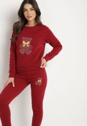 Bordowy Bawełniany Komplet Dresowy z Ociepleniem i Misiem Bluza i Spodnie z Gumką w Pasie Nelasina. Czerwone bluzy Born2be, m, z aplikacjami, z bawełny, klasyczne, bez ramiączek, bez kaptura. W wyprzedaży za 84.99 zł.