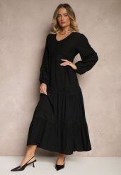 Czarna Rozkloszowana Sukienka z Wiskozy Zdobiona Koronkowymi Wstawkami Gonolen. Czarne sukienki Renee, na co dzień, l, z aplikacjami, z koronki, eleganckie, bez kołnierzyka, bez ramiączek, maxi, rozkloszowane. W wyprzedaży za 111.99 zł.