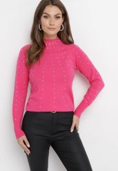 Różowy Sweter z Golfem Ozdobiony Kompozycją z Cyrkonii Ruittes. Czerwone swetry Born2be, m, z aplikacjami, bez ramiączek. W wyprzedaży za 93.49 zł.