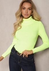 Jasnożółty Golf Zimowy w Prążki Vortiana. Żółte swetry Renee, na zimę, m, bez wzorów, eleganckie, bez ramiączek. W wyprzedaży za 63.99 zł.