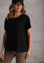 Czarny T-shirt Basic Oversize z Bawełny Elusis. Czarne t-shirty Renee, m, bez wzorów, z bawełny, eleganckie, bez kołnierzyka, bez ramiączek. Za 39.99 zł.