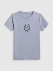 4F T-shirt slim z nadrukiem damski - niebieski L. Niebieskie t-shirty 4f, l, bez wzorów, z bawełny, bez kołnierzyka, bez ramiączek. Za 59.99 zł.