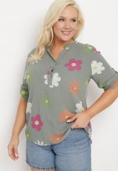 Ciemnozielona Koszula z Lnu i Bawełny w Kwiaty z Krótkim Rękawem Ambubia. Zielone koszule Born2be, plus size, bez wzorów, z bawełny, bez kołnierzyka, plus size, bez ramiączek. W wyprzedaży za 84.99 zł.