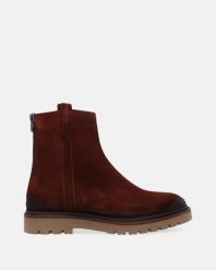 BORDOWE SZTYBLETY Z ZAMSZU 11124009 311 BUR. Czerwone botki Venezia, bez wzorów, ze skóry, bez obcasa, bez zapięcia. Za 279.00 zł.