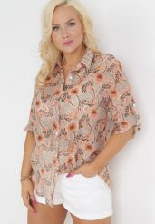 Pomarańczowo-Beżowa Koszula w Kwiaty z Podpinanymi Rękawami 3/4 Rosedris. Brązowe koszule Born2be, l, bez wzorów, bez kołnierzyka, bez ramiączek. Za 79.99 zł.