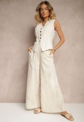 Beżowe Bawełniane Spodnie o Szerokim Kroju High Waist Ściągane Troczkiem Virselia. Brązowe jeansy Renee, bez wzorów, z bawełny, eleganckie, z podwyższonym stanem. W wyprzedaży za 75.99 zł.