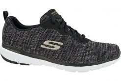 Buty sportowe Sneakersy damskie, Flex Appeal 3.0 Endless Glamour. Czarne buty treningowe Skechers, bez wzorów, z materiału, przed kostkę, bez zapięcia, trekkingowe. Za 159.99 zł.