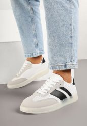 Biało-Czarne Sneakersy Tenisówki z Geometrycznym Wzorem Eleamila. Białe trampki Born2be, z aplikacjami, z jeansu, eleganckie, bez zapięcia. W wyprzedaży za 84.99 zł.