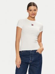 Tommy Jeans T-Shirt DW0DW20463 Biały Slim Fit. Białe t-shirty Tommy Jeans, xl, bez wzorów, z bawełny, bez kołnierzyka, bez ramiączek. Za 139.99 zł.