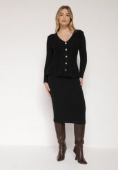 Czarny Elegancki Komplet z Dzianiny z Wiskozą Kardigan i Spódnica Uneva. Czarne swetry Born2be, bez wzorów, z dzianiny, casualowe, bez ramiączek. Za 159.99 zł.