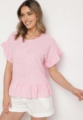 Różowa Bluzka o Kroju Oversize z Falbanami Livelle. Czerwone bluzki Born2be, uniwersalny, bez wzorów, z jeansu, bez kołnierzyka, bez ramiączek. W wyprzedaży za 55.24 zł.