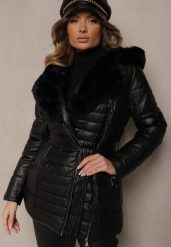 Czarna Kurtka Pikowana z Paskiem w Talii i Kapturem Ozdobiona Futerkiem Jeleti. Czarne kurtki Renee, l, bez wzorów, z futra, eleganckie. W wyprzedaży za 179.99 zł.