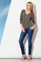 Oliwkowa Zbluzowana Bluzka z Długim Rękawem. Zielone bluzki Figl, xl, bez wzorów, z elastanu, bez kołnierzyka, bez ramiączek. Za 179.00 zł.