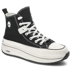 Czarne Sneakersy Rieker Sportowe Obuwie Damskie. Czarne buty sportowe lifestyle Rieker, na wiosnę, bez wzorów, z materiału, przed kolano, bez zapięcia. Za 239.00 zł.