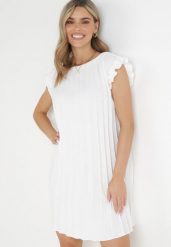 Biała Pudełkowa Sukienka Mini z Plisowanej Tkaniny z Wiskozy i Bawełny Ematisa. Białe sukienki Born2be, na imprezę, l, bez wzorów, z bawełny, eleganckie, bez kołnierzyka, bez ramiączek, mini. W wyprzedaży za 46.74 zł.