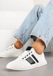 Czarno-Białe Tenisówki Ozdobione Paskami Meloti. Czarne trampki Renee, bez wzorów, z jeansu, eleganckie, bez zapięcia. W wyprzedaży za 47.99 zł.