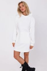 Krótka Dzianinowa Sukienka z Kapturem - Ecru. Czarne sukienki MOE, l, bez wzorów, z bawełny, wizytowe, bez kołnierzyka, bez ramiączek, mini. Za 334.90 zł.