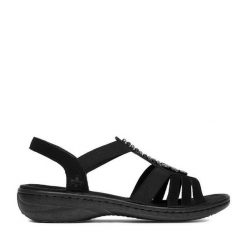 Sandały Rieker. Czarne sandały Rieker, bez wzorów, bez obcasa, na płaskiej podeszwie, bez zapięcia. Za 269.99 zł.