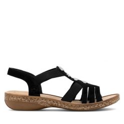 Sandały Rieker. Czarne sandały Rieker, bez wzorów, bez obcasa, na płaskiej podeszwie, bez zapięcia. Za 289.99 zł.