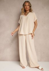 Jasnobeżowy Komplet Bluzka i Luźne Spodnie z Wiskozą i Kieszonkami Efraria. Brązowe bluzki Renee, l, z aplikacjami, z materiału, eleganckie, bez kołnierzyka, bez ramiączek. Za 79.99 zł.