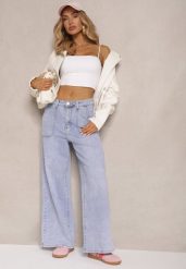 Niebieskie Szerokie Jeansy High Waist z Naszytymi Kieszeniami Zalittie. Niebieskie jeansy Renee, bez wzorów, z jeansu, eleganckie, z podwyższonym stanem. W wyprzedaży za 83.99 zł.