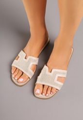Beżowe Klapki z Geometryczną Cholewką Idanitia. Brązowe klapki Born2be, bez wzorów, eleganckie, bez obcasa, na płaskiej podeszwie, bez zapięcia. Za 59.99 zł.