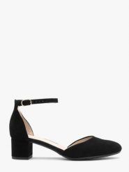 Welurowe czółenka damskie z paskiem wokół kostki. Czarne czółenka Ryłko, bez wzorów, ze skóry, z okrągłym noskiem, bez obcasa, na obcasie, bez zapięcia. W wyprzedaży za 299.99 zł.