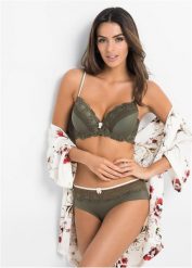 "Biustonosz usztywniany na fiszbinach + figi ""panty"" (2 części)". Zielone figi bonprix, bez wzorów, z materiału. Za 79.99 zł.