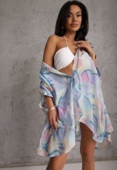 Niebieska Nietoperzowa Koszula z Bawełną o Fasonie Oversize Celista. Niebieskie koszule Renee, bez wzorów, z bawełny, eleganckie, bez kołnierzyka, bez ramiączek. Za 119.99 zł.