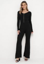 Czarny Wiskozowy Kombinezon Bodycon z Prążkowaniem i Suwakiem Alnorema. Czarne sukienki Born2be, bez wzorów, prążkowane, eleganckie, bez kołnierzyka, bez ramiączek, bodycon. W wyprzedaży za 118.99 zł.