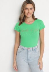 Zielony Bawełniane T-shirt z Cyrkoniami i Napisem Readia. Zielone t-shirty Born2be, l, bez wzorów, z bawełny, klasyczne, bez kołnierzyka, bez ramiączek. W wyprzedaży za 33.99 zł.