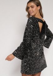 Srebrna Cekinowa Sukienka z Odkrytymi Plecami i Wiązaniem Diadina. Szare sukienki Born2be, na imprezę, z aplikacjami, z elastanu, eleganckie, bez kołnierzyka, bez ramiączek. Za 169.99 zł.