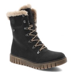 Botki damskie Rieker, za kostkę na grubej podeszwie i ocieplane futerkiem na zamek, czarne, Y3424-00. Czarne botki Rieker, bez wzorów, z materiału, eleganckie, za kostkę, bez obcasa, bez zapięcia. Za 339.00 zł.