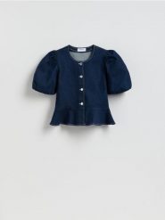 Jeansowa bluzka z baskinką - granatowy. Niebieskie bluzki Reserved, l, bez wzorów, z bawełny, bez kołnierzyka, bez ramiączek. Za 129.99 zł.