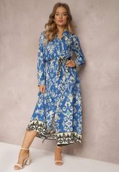 Niebieska Sukienka Koszulowa Rozkloszowana z Wiązaniem Vern. Niebieskie sukienki Renee, na co dzień, m, bez wzorów, eleganckie, bez kołnierzyka, bez ramiączek, maxi, koszulowe. W wyprzedaży za 91.99 zł.