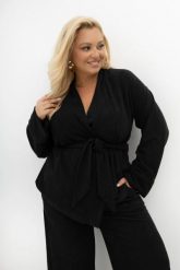 Kardigan z dzianiny prążkowej Stay Close z paskiem i regulowanymi rękawami czarny Plus Size Oversize. Czarne swetry Moda Size Plus Iwanek, l, bez wzorów, z denimu, eleganckie, plus size, bez ramiączek. Za 199.90 zł.