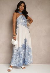 Niebieska Sukienka z Wiskozą Ozdobiona Wiązaniem i Wzorem Palm Folenella. Niebieskie sukienki Renee, na co dzień, bez wzorów, z wiskozy, eleganckie, bez kołnierzyka, bez ramiączek, maxi. W wyprzedaży za 97.99 zł.