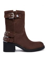 Guess Botki FLTMWE SUE10 Brązowy. Brązowe botki Guess, z aplikacjami, ze skóry, bez obcasa, na słupku, bez zapięcia. Za 764.99 zł.