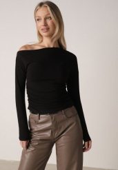 Czarna Bluzka z Bawełną i Wiskozą Ozdobiona Marszczeniem Alexareo. Czarne bluzki Born2be, l, bez wzorów, z bawełny, bez kołnierzyka, bez ramiączek. Za 79.99 zł.