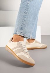 Beżowo-Białe Sneakersy Tenisówki z Ozdobnymi Paskami Danavin. Brązowe trampki Born2be, bez wzorów, z jeansu, klasyczne, bez zapięcia. Za 89.99 zł.