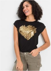 T-shirt z cekinami. Czarne t-shirty bonprix, bez wzorów, bez kołnierzyka, bez ramiączek. Za 57.99 zł.