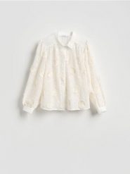 Koszula z haftowanym zdobieniem - kremowy. Białe koszule Reserved, l, z aplikacjami, z bawełny, bez kołnierzyka, bez ramiączek. Za 179.99 zł.