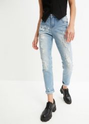 Dżinsy Straight mid waist, z nadrukiem. Niebieskie jeansy bonprix, z aplikacjami, z jeansu. Za 149.99 zł.