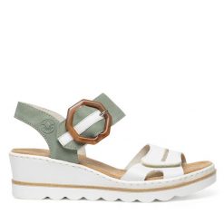 Sandały Rieker. Zielone sandały Rieker, bez wzorów, bez obcasa, na koturnie, bez zapięcia. Za 299.99 zł.