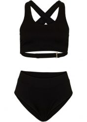 Prążkowane bikini z biustonoszem bustier (2 części). Czarne bikini bonprix, bez wzorów, prążkowane, eleganckie. Za 118.99 zł.